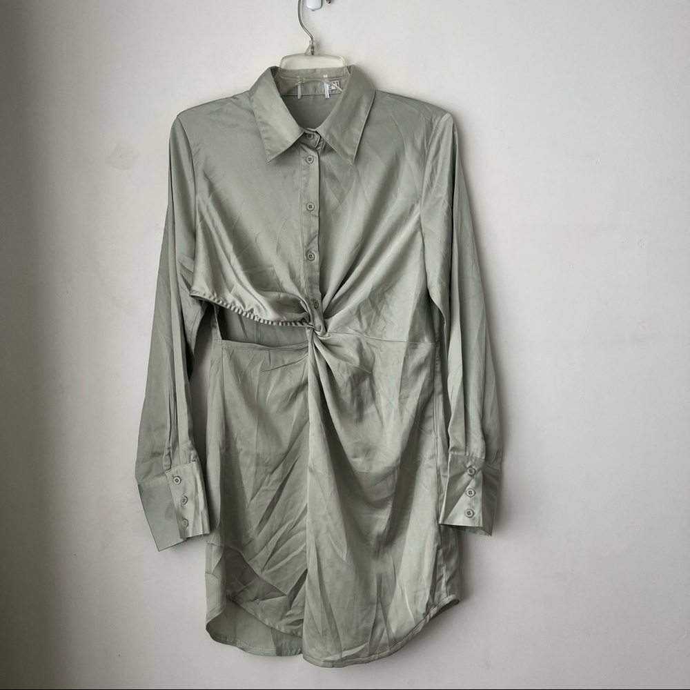 Princess Polly Sari Green Satin Long Sleeve Collared Mini Dress 8